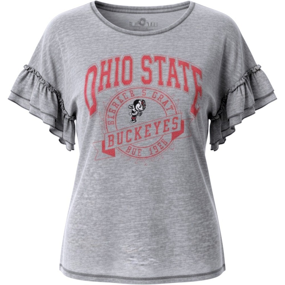 Gameday Couture Ohio State Buckeyes Women Medium Gray Ruffle Sleeve Burnout Tee
